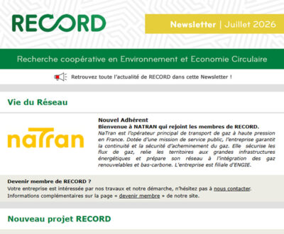 Nouvel adhérent, projet RECORD, dernière étude, travaux RECORD...